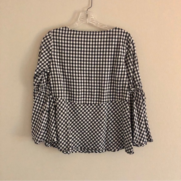 LOFT Petite Black and White Trumpet Sleeve Cold Shoulder Gingham Blouse - Picture 3 of 8